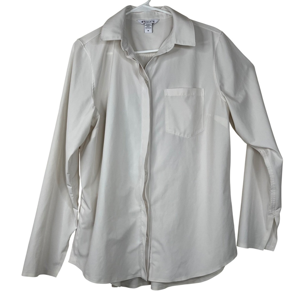 Athleta Shirt Womens Medium White Long Sleeve Button Down Pocket Blouse Solid